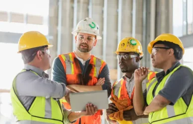 Construction team wearing helmets and reflective vests